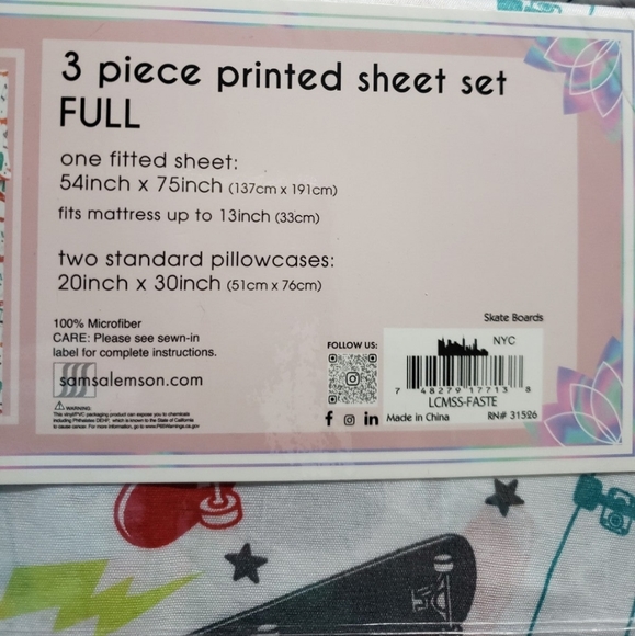 🆕️NWT LULU & COCO 3 piece FULL size Colorful Skate Boards printed Bed Sheet Set - Picture 4 of 9